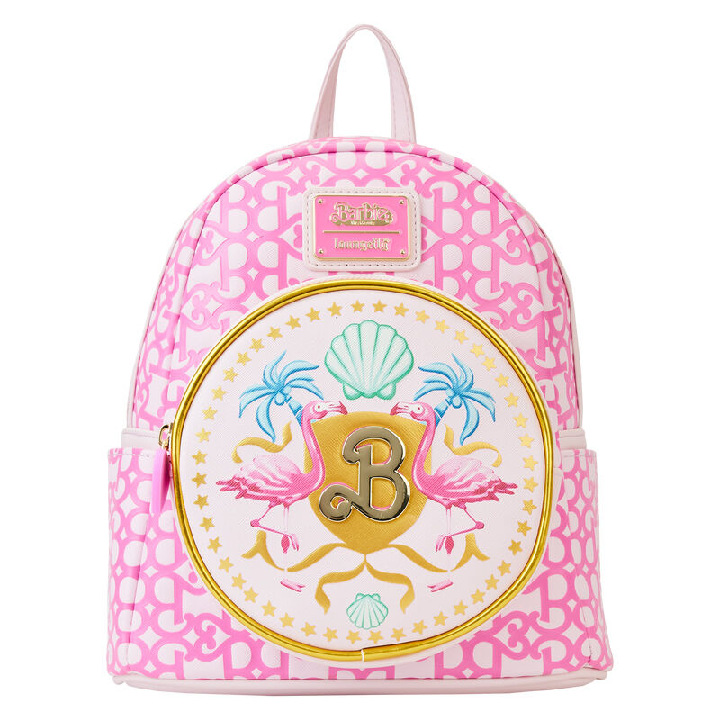 Sac à dos Loungefly Barbie Logo 25cm vue de face avec logo embossé et détails dorés