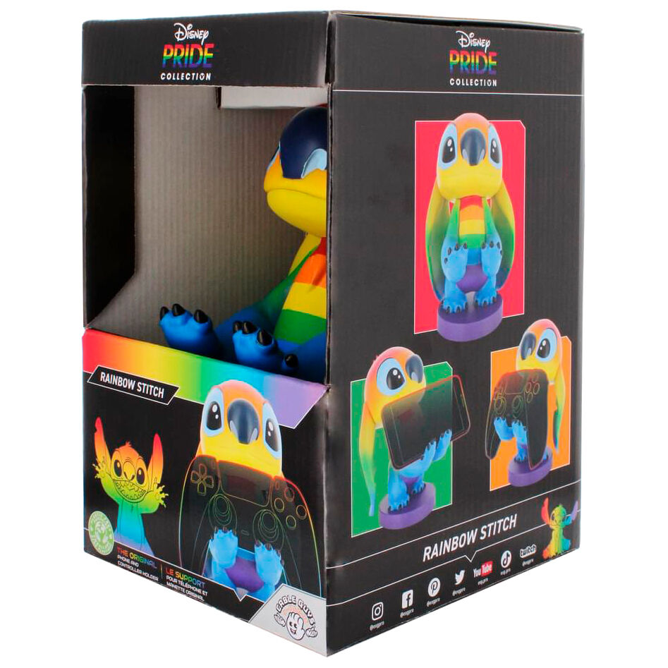 Photo montrant le support Cable Guy Stitch Rainbow dans un environnement gaming moderne