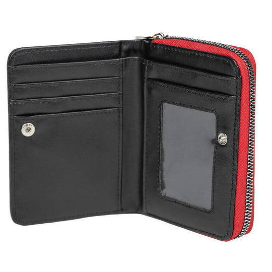 Vue intérieure du portefeuille Stranger Things avec plusieurs compartiments pour cartes.