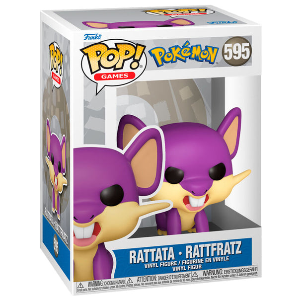 Figurine Funko POP Rattata en vinyle de 9 cm dans sa boîte vitrine transparente, vue de face.