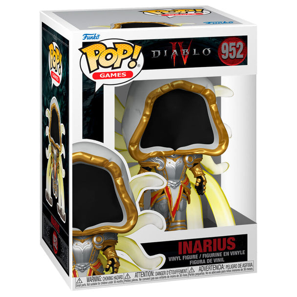 Figurine Funko POP Inarius de Diablo 4 en vinyle, hauteur 9 cm, vue de face dans sa boîte vitrine transparente.
