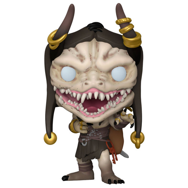 Vue rapprochée de la figurine Funko POP Treasure Goblin de Diablo 4 montrant les détails du design et les couleurs vives