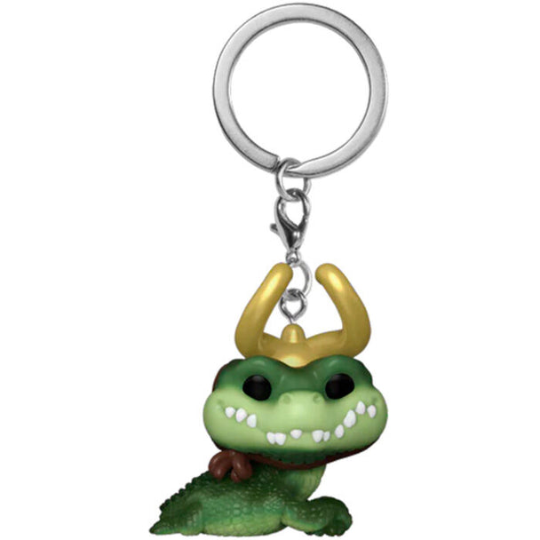 Vue rapprochée du porte-clés Alligator Loki de Funko Pocket POP montrant la texture et la qualité du produit