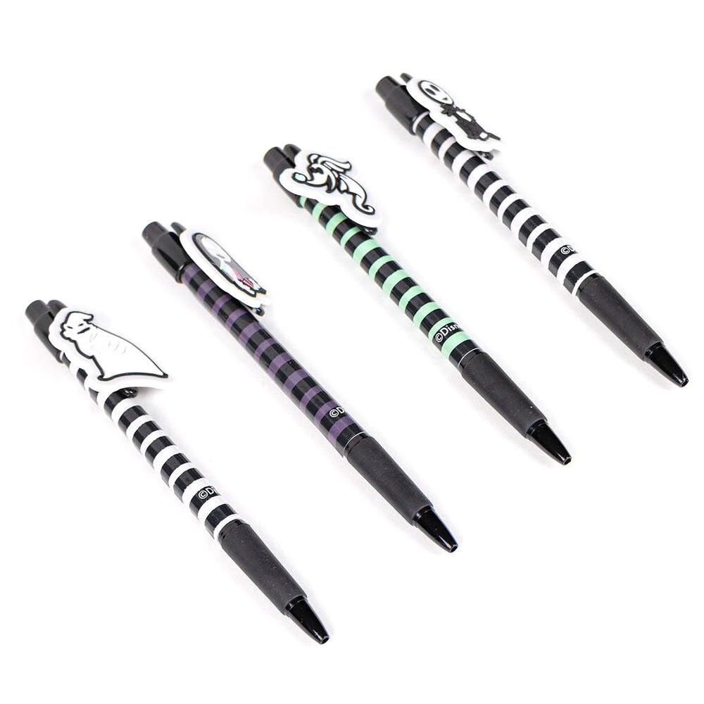 Set de 4 stylos Disney Nightmare Before Christmas avec motifs Jack Skellington et compagnons sur fond blanc