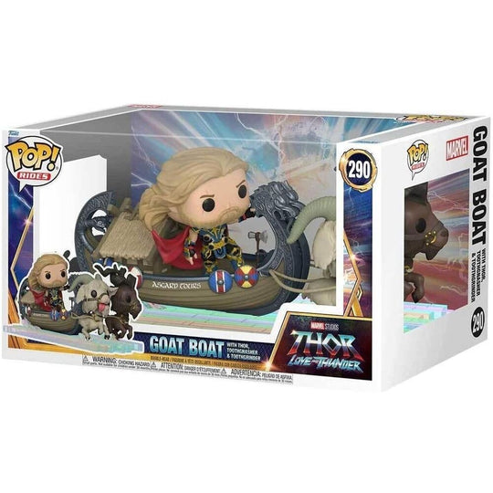 Vue latérale de la figurine Funko POP Thor Goat Boat montrant les détails du personnage et du bateau dans le style typique Funko.