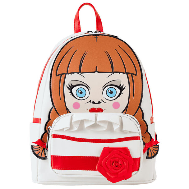 Sac à dos Loungefly Annabelle cosplay vue de face avec détails brodés et applique 3D
