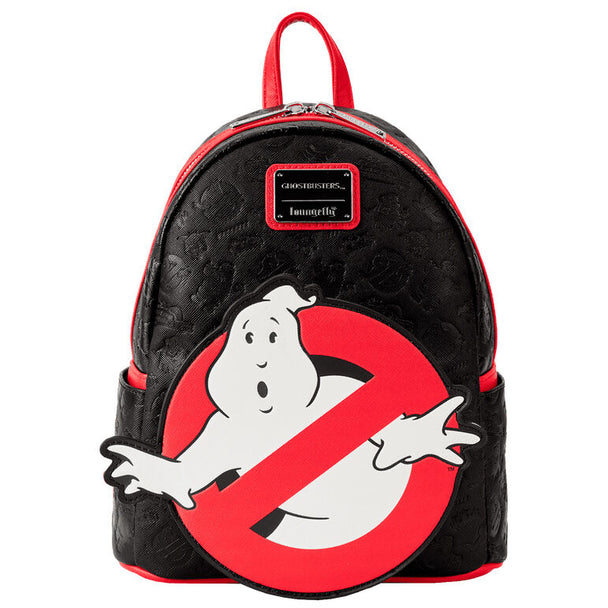 Sac à dos Loungefly Ghostbusters logo phosphorescent sur fond blanc, vue de face montrant le design lumineux