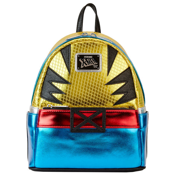 Vue de face du sac à dos Loungefly Wolverine Marvel X-Men en simili cuir métallisé avec détails brillants