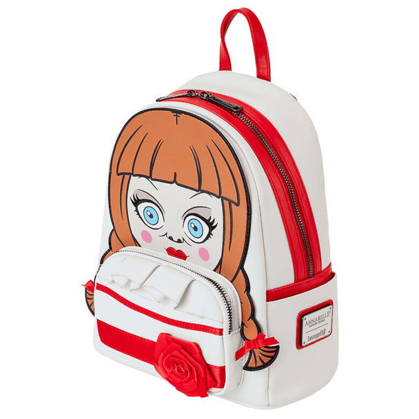 Zoom sur la rose 3D en relief et le ruban imprimé du sac à dos Loungefly Annabelle