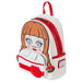 Zoom sur la rose 3D en relief et le ruban imprimé du sac à dos Loungefly Annabelle