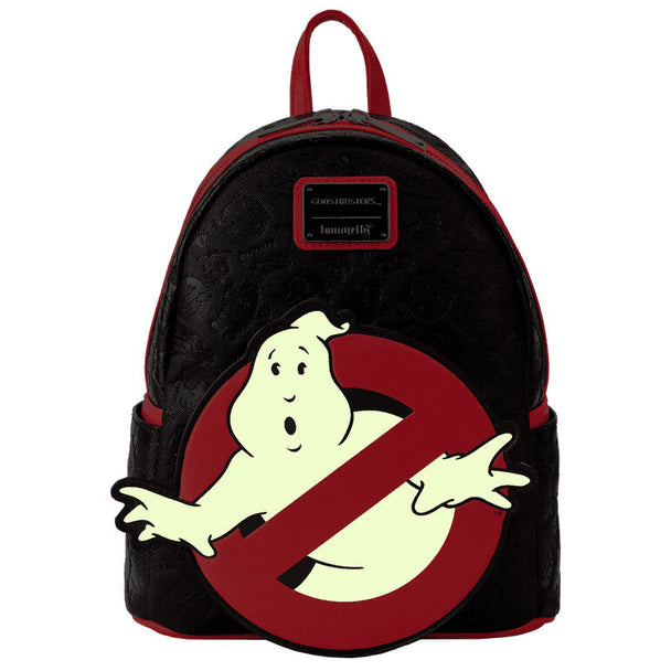 Détail du cuir vegan et des éléments métalliques argentés du sac à dos Loungefly Ghostbusters