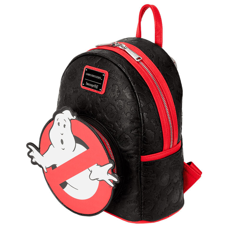 Vue latérale du sac à dos Ghostbusters avec poches latérales et bretelles ajustables visibles