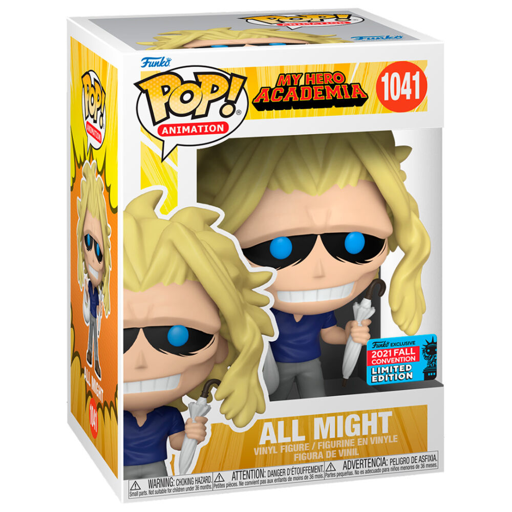 Vue rapprochée de la figurine Funko POP All Might avec détails précis du visage et costume, emballage cadeau original et collector.