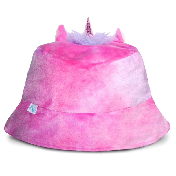 Vue latérale du chapeau seau Squishmallows Lola montrant la texture en fourrure teddy et la broderie DIFUZED