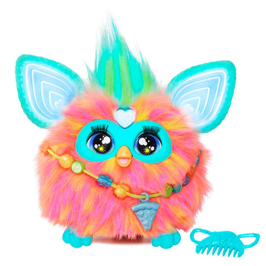 Furby Spanish HASBRO peluche interactive vue de face avec accessoires colorés