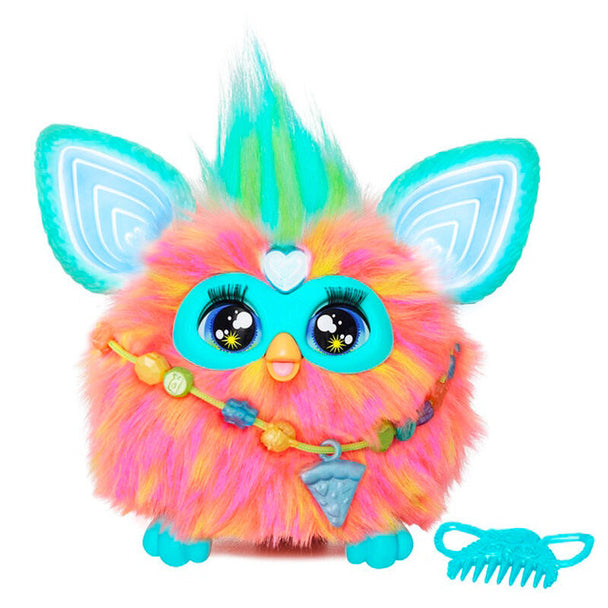 Furby Spanish HASBRO peluche interactive vue de face avec accessoires colorés