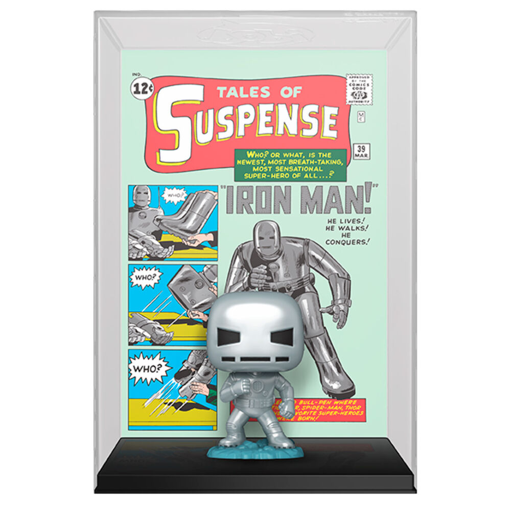 Vue latérale de la figurine POP Iron Man Marvel FUNKO inspirée du comic Tales of Suspense avec un fond neutre