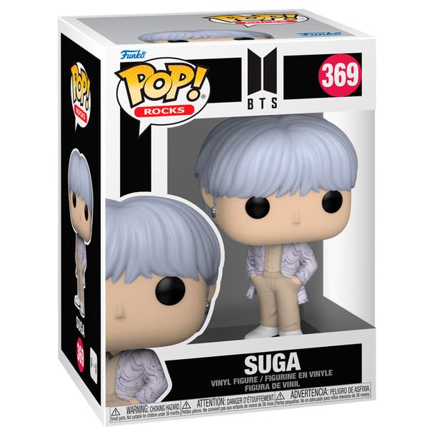 Vue latérale de la figurine Funko POP BTS Suga dans sa boîte cadeau transparente, idéale pour collection