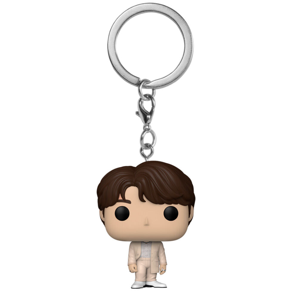 Vue rapprochée du porte-clés BTS Jin Funko montrant les détails de la figurine
