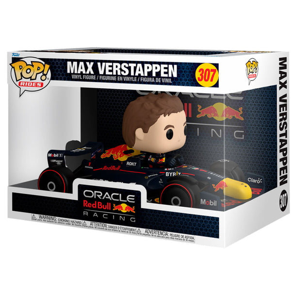 Figurine FUNKO POP Max Verstappen F1 Ride, vue latérale montrant les détails de la combinaison et du casque