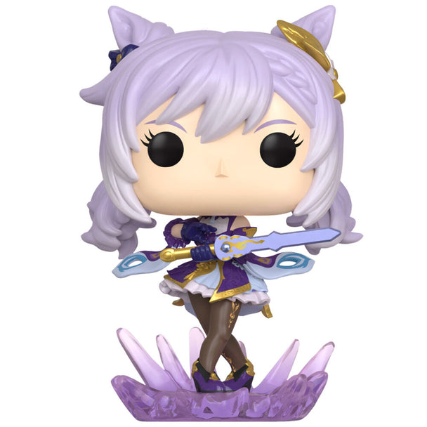 Figurine Funko POP Keqing de Genshin Impact en vinyle, hauteur 9 cm, présentée dans sa boîte vitrine transparente.