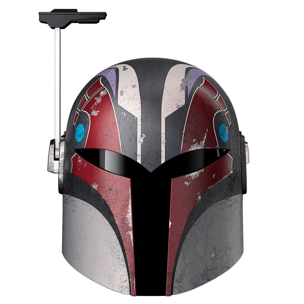 Casque électronique Star Wars Ahsoka Sabine Wren vue de face avec viseur lumineux activé