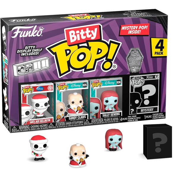Vue détaillée des quatre figurines Bitty POP Disney Nightmare Before Christmas dans leur emballage rigide