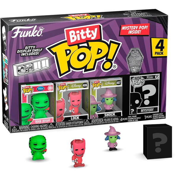 Présentation des quatre figurines Bitty POP Disney Nightmare Before Christmas dans leur emballage rigide