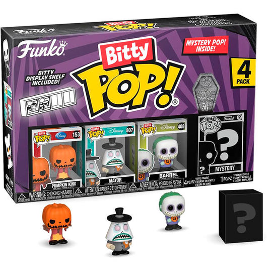 Vue détaillée des quatre figurines Bitty POP Disney avec leurs bases acryliques détachables.