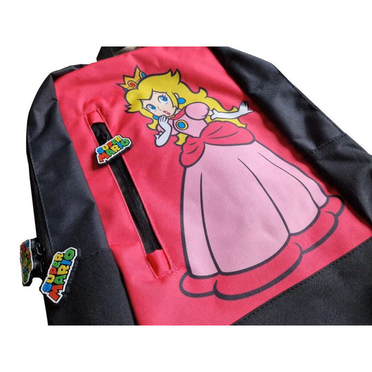 Vue arrière du sac à dos Peach Super Mario Bros avec bretelles ajustables et logo Nintendo visible