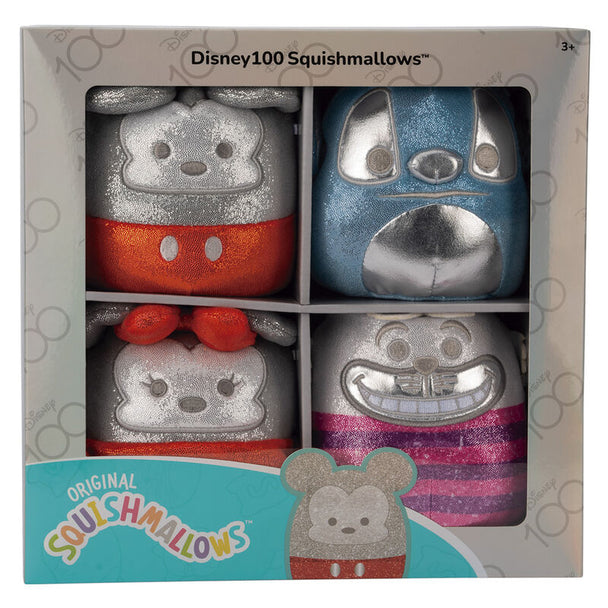 Pack de 4 peluches Squishmallows Disney édition 100e anniversaire, posées côte à côte