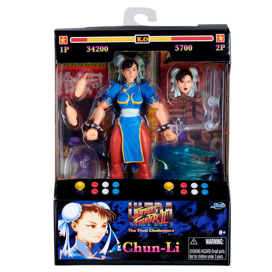 Figurine Chun-Li Street Fighter II de 15cm avec tenue bleue et pose de combat dynamique