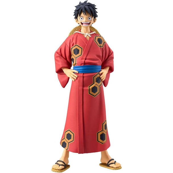 Figurine Monkey D Luffy en yukata Wanokuni de 16 cm par BANPRESTO, vue de face avec détails soignés.