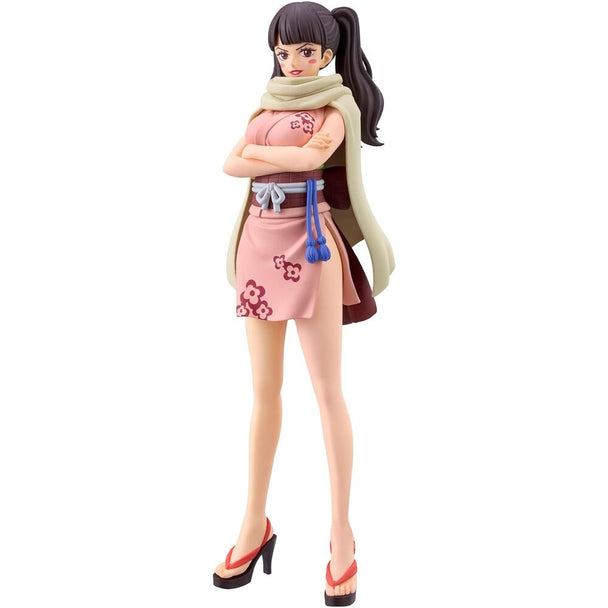 Figurine One Piece Shinobu Kocho en yukata Wanokuni, hauteur 16 cm, édition BANPRESTO, vue de face détaillée.