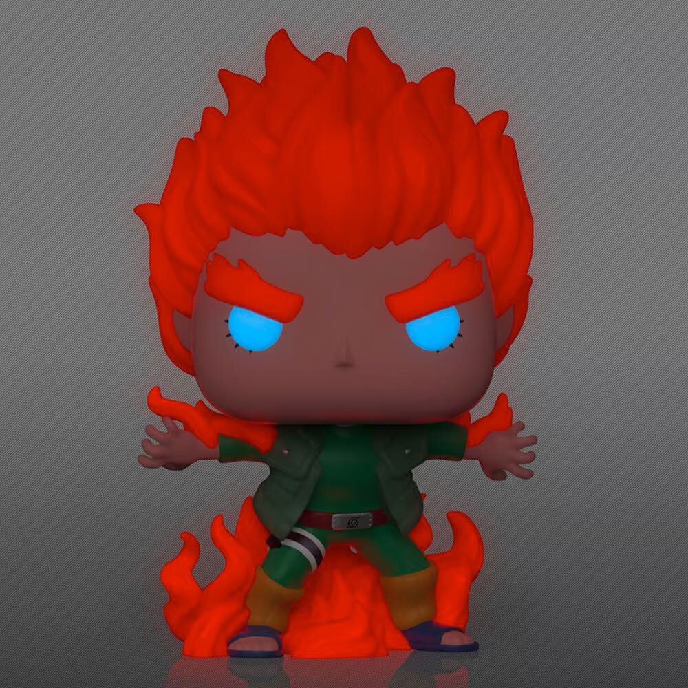 Vue latérale de la figurine Funko POP de Might Guy dans sa boîte, mettant en valeur la qualité du vinyle et le packaging collector.