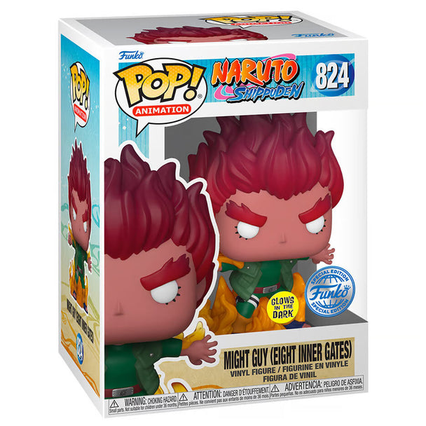 Figurine Funko POP exclusive de Might Guy de Naruto Shippuden en vinyle de 9 cm vue de face dans sa boîte vitrine.