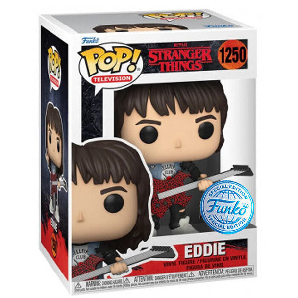 Vue détaillée de la figurine Funko POP Eddie Stranger Things en vinyle avec boîte fenêtre