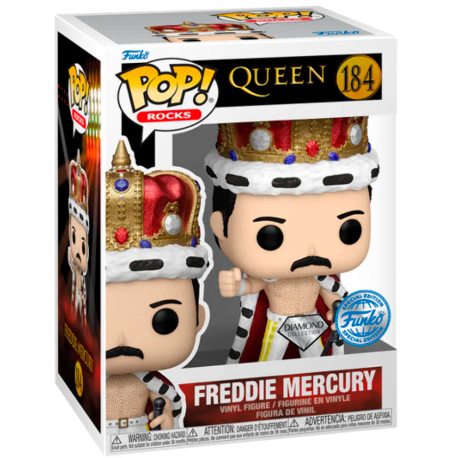 Figurine Funko POP de Freddie Mercury exclusive, 9 cm, présentée dans sa boîte vitrine transparente.