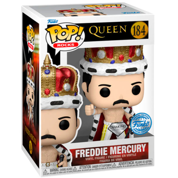Figurine Funko POP de Freddie Mercury exclusive, 9 cm, présentée dans sa boîte vitrine transparente.