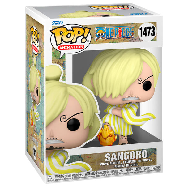 Figurine Funko POP de Sangoro de One Piece en vinyle, hauteur 9 cm, présentée dans sa boîte vitrine transparente.