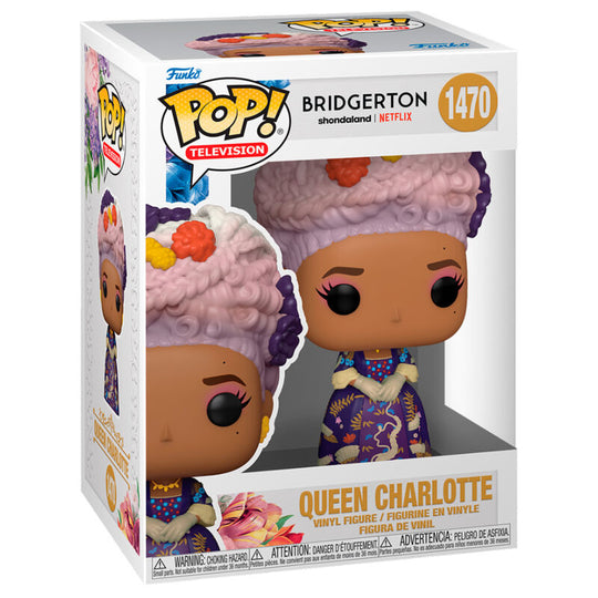 Figurine Funko POP Queen Charlotte Bridgerton vue de face dans sa boîte vitrine transparente, hauteur 9 cm