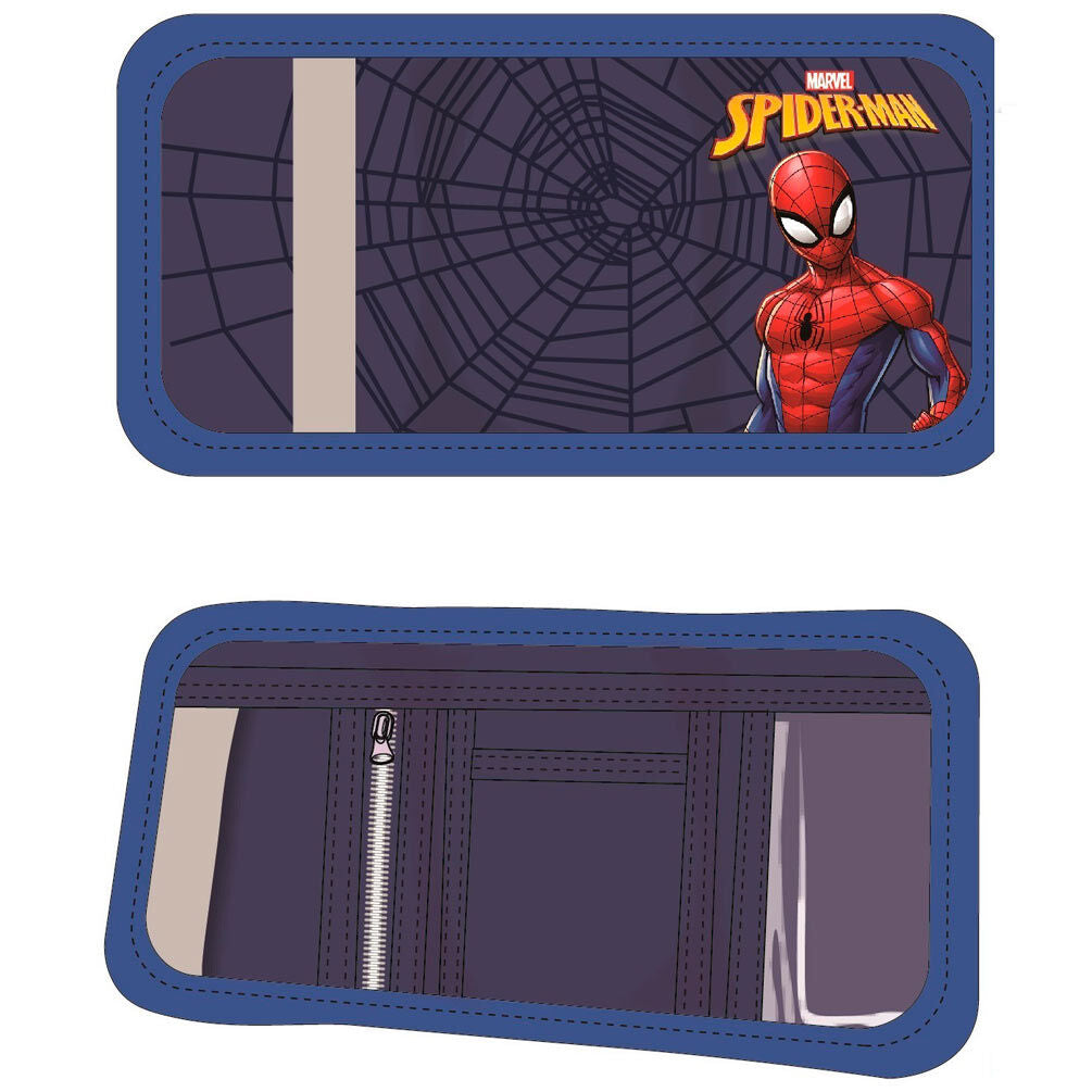 Portefeuille Marvel Spiderman rouge et noir avec logo officiel, dimensions 26x13cm, design compact et fonctionnel pour fans de comics.
