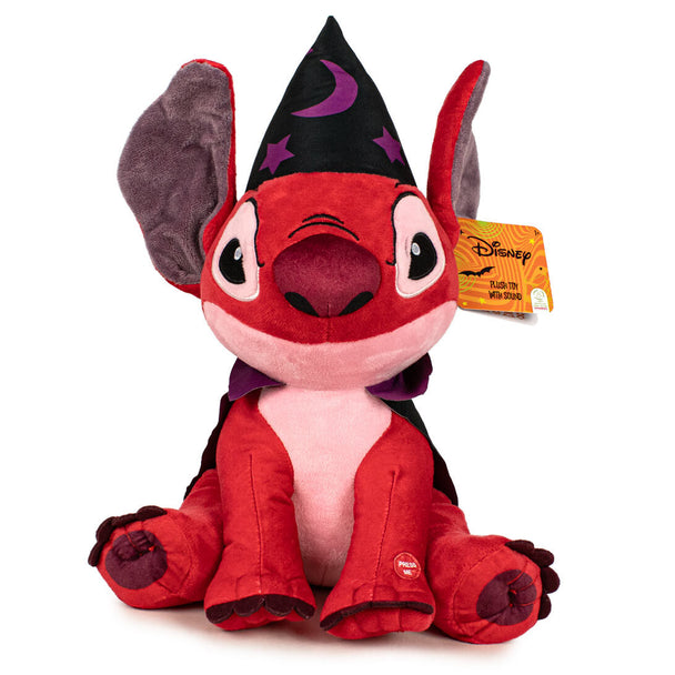 Peluche Stitch Halloween Leroy Disney de 28 cm, vue de face avec costume orange et violet, parfaite pour décoration Halloween ou cadeau enfant.