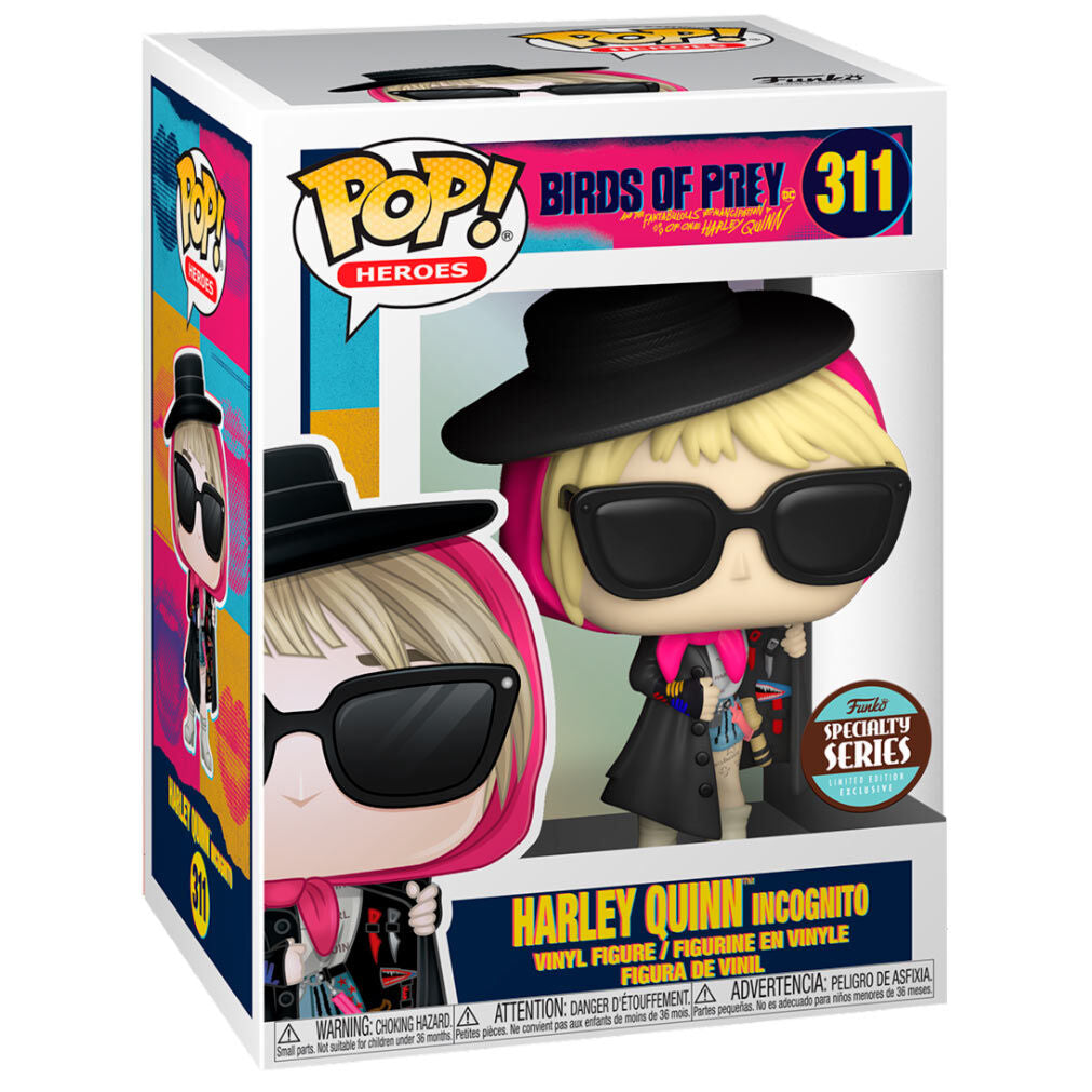 Vue rapprochée de la figurine Funko POP Harley Quinn Birds of Prey Incognito exclusive, montrant les détails du design et la boîte.