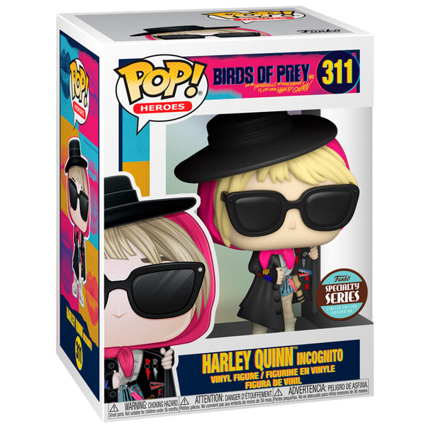 Vue rapprochée de la figurine Funko POP Harley Quinn Birds of Prey Incognito exclusive, montrant les détails du design et la boîte.