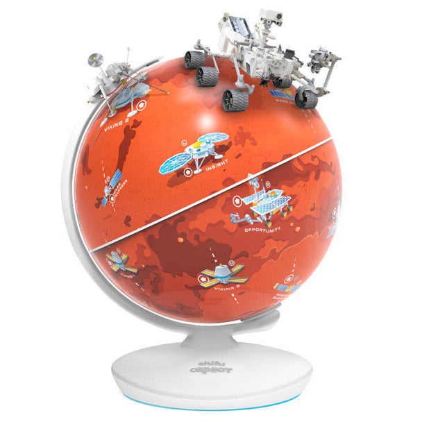 Globe interactif de la planète Mars avec application de réalité augmentée PLAYSHIFU, montrant les reliefs et les missions spatiales.