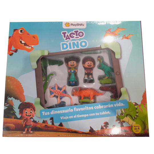 Boîte du jeu PlayShifu Dino Touch avec illustrations de dinosaures colorées et logo de la marque