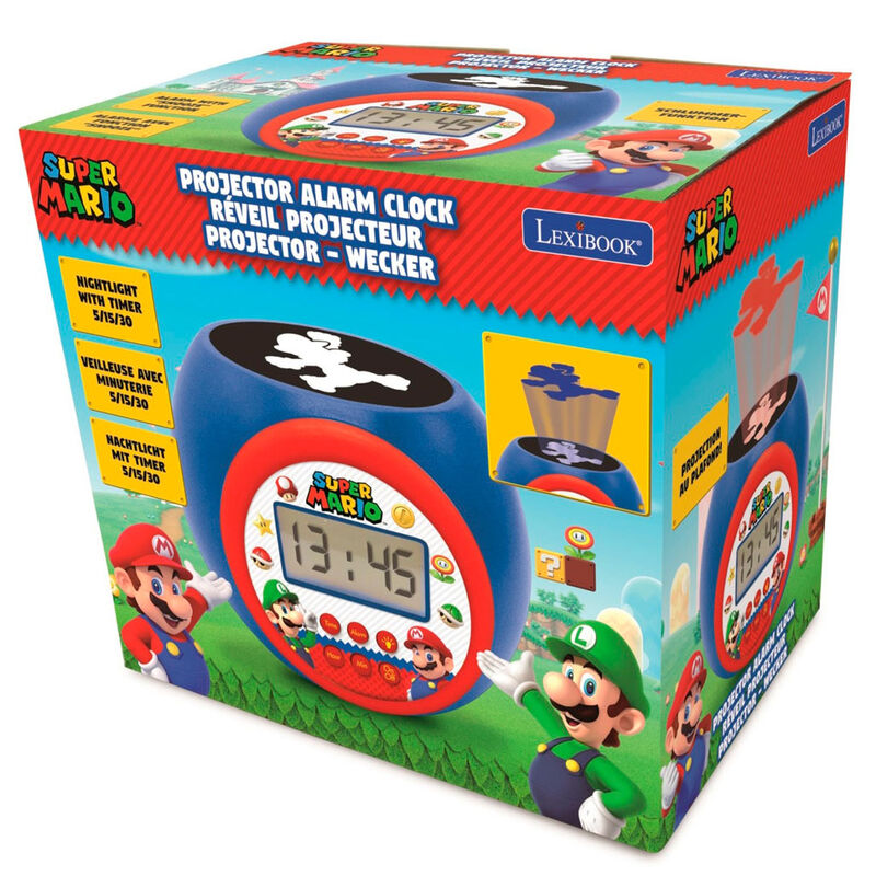 Réveil LEXIBOOK Super Mario Bros avec écran LCD rétroéclairé bleu et projection de Mario sur le plafond en trois couleurs différentes