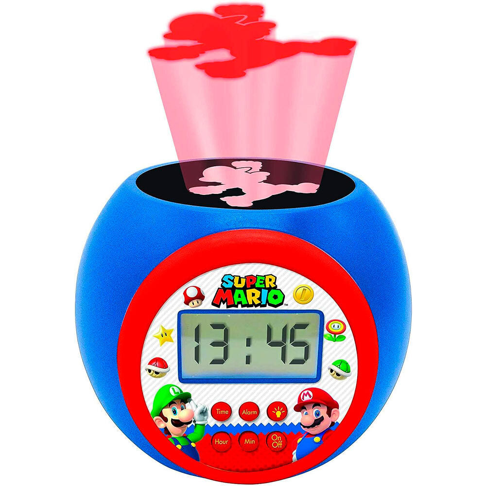 Vue rapprochée des grandes touches intuitives du réveil Super Mario Bros LEXIBOOK, conçu pour une utilisation facile par les enfants
