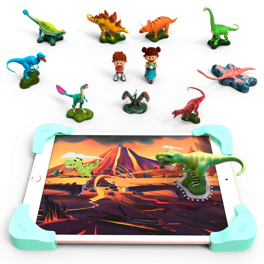 Tablette affichant l'application Dino Touch avec un dinosaure en 3D interactif en pleine exploration